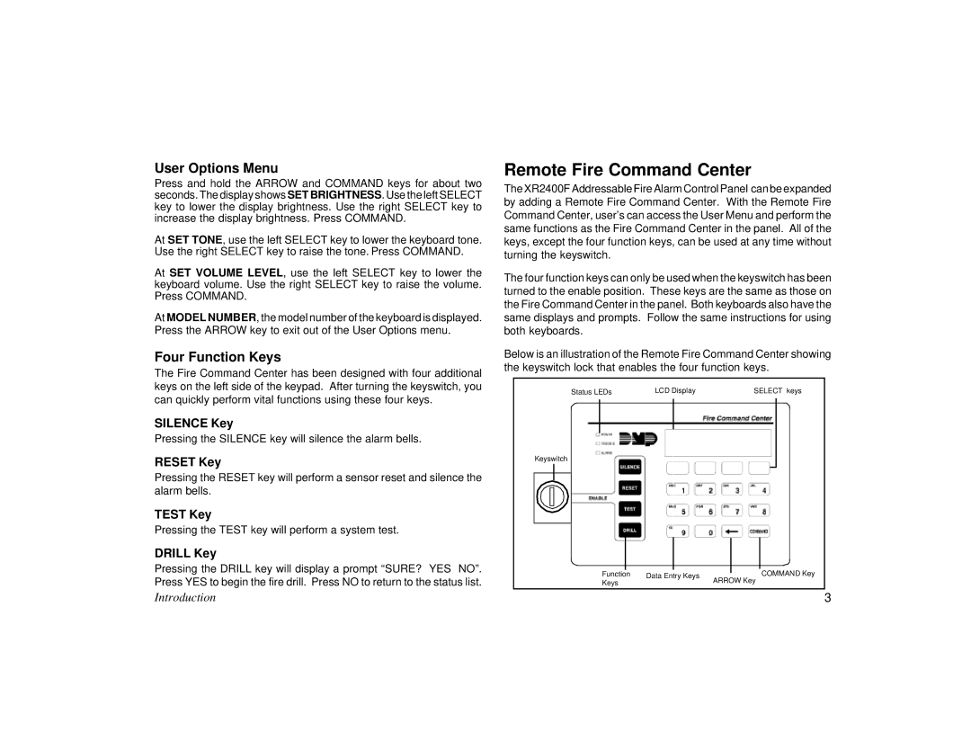 DMP Electronics XR2400F manual Remote Fire Command Center, User Options Menu, Four Function Keys 