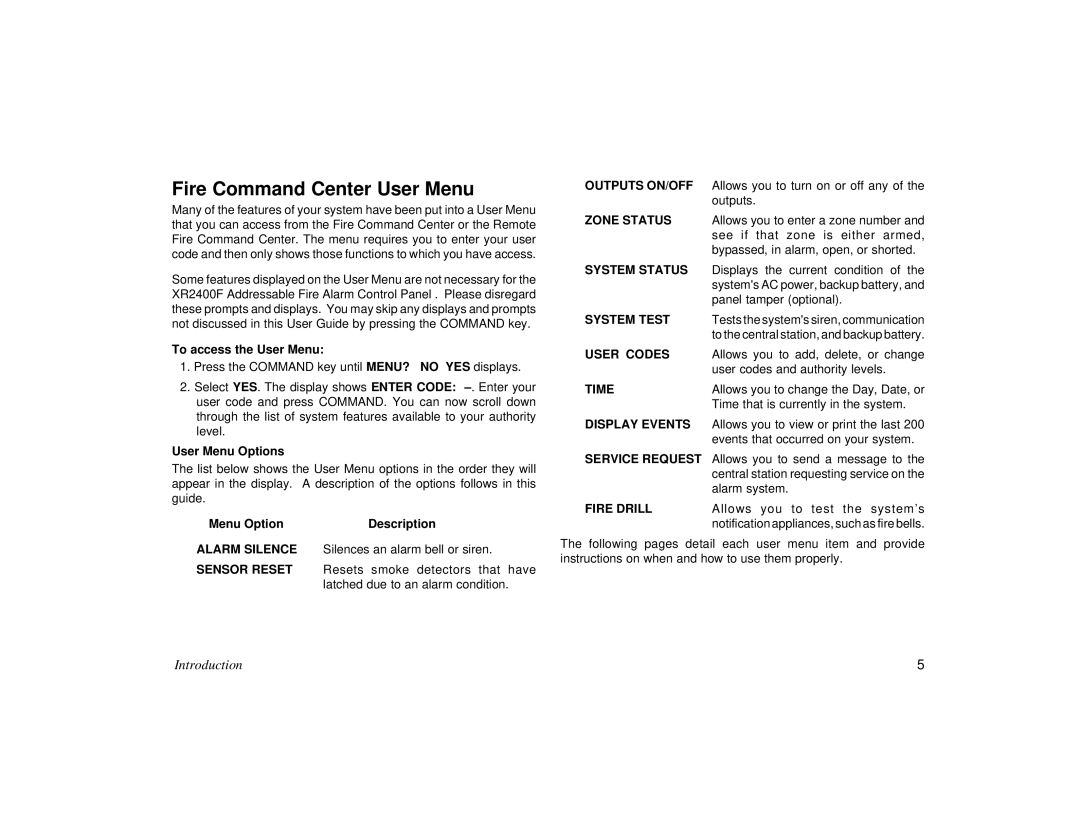 DMP Electronics XR2400F manual Fire Command Center User Menu 