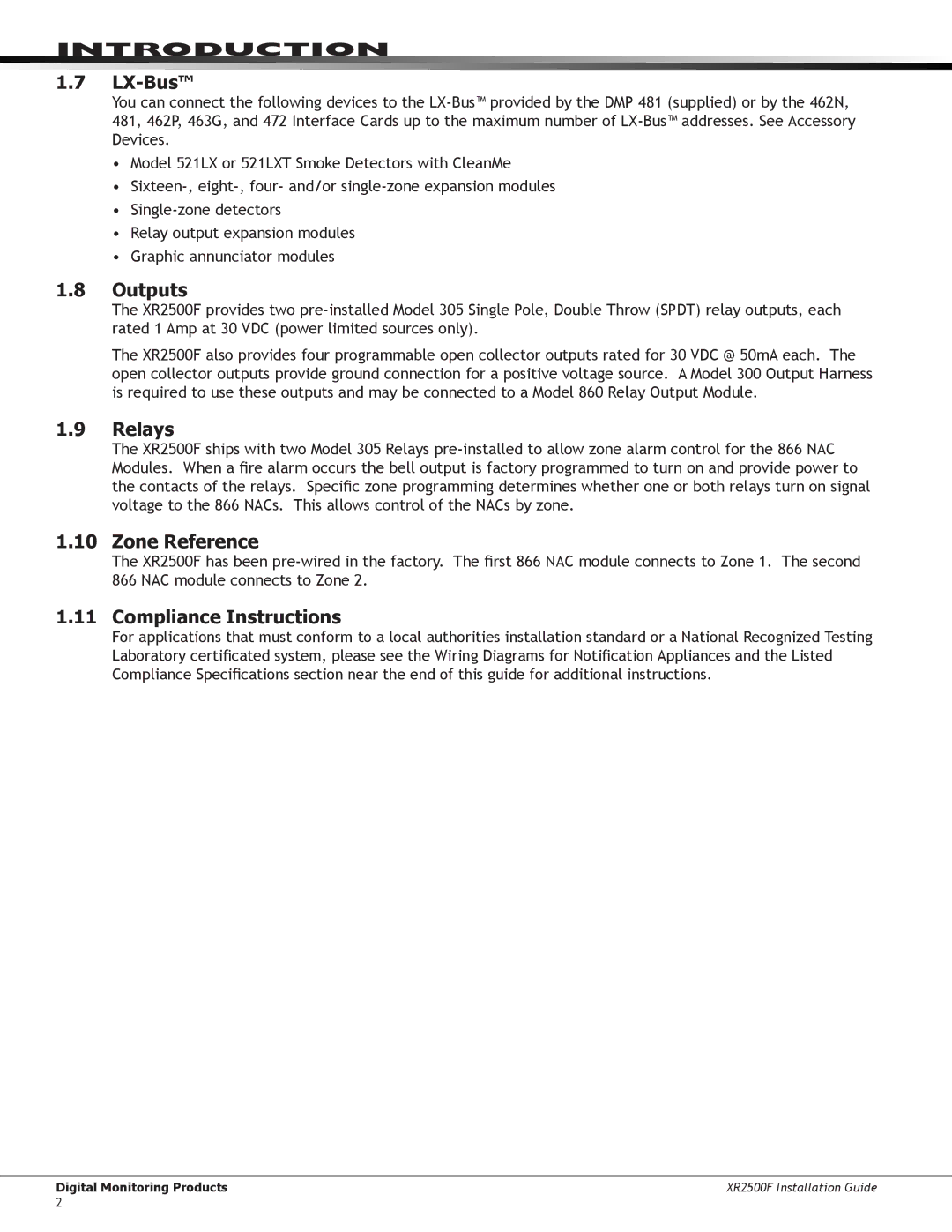 DMP Electronics XR2500F manual LX-Bus, Outputs, Relays, Zone Reference, Compliance Instructions 