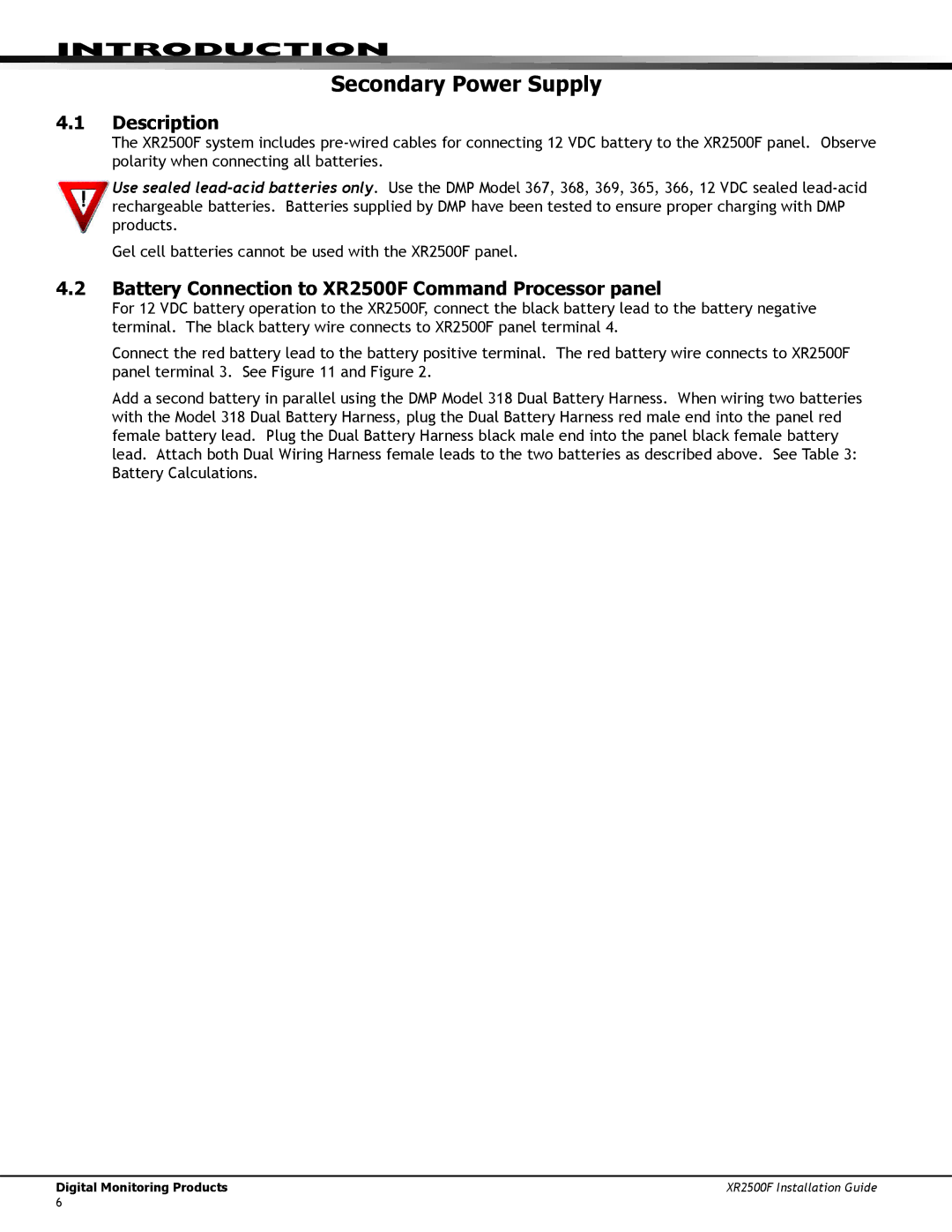 DMP Electronics manual Secondary Power Supply, Description, Battery Connection to XR2500F Command Processor panel 