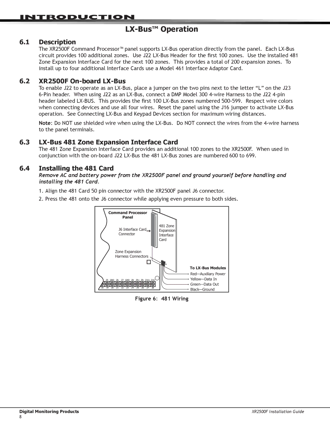 DMP Electronics manual LX-Bus Operation, XR2500F On-board LX-Bus, LX-Bus 481 Zone Expansion Interface Card 