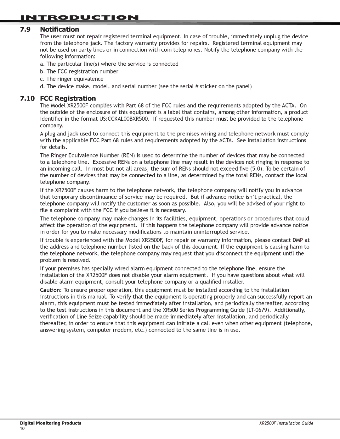 DMP Electronics XR2500F manual Notification, FCC Registration 