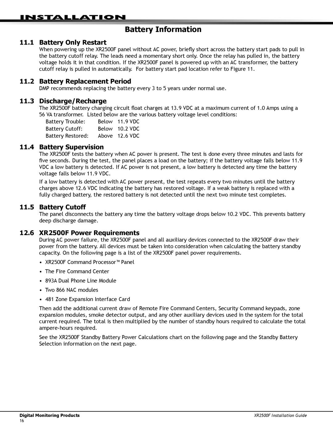 DMP Electronics XR2500F manual Battery Information 