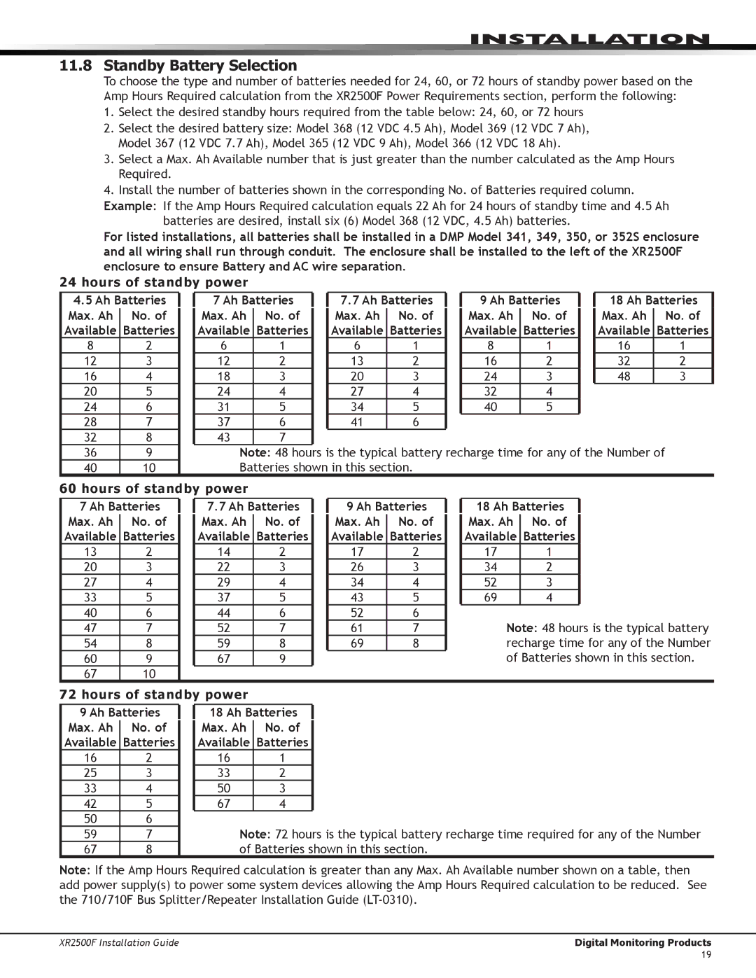 DMP Electronics XR2500F manual Standby Battery Selection 