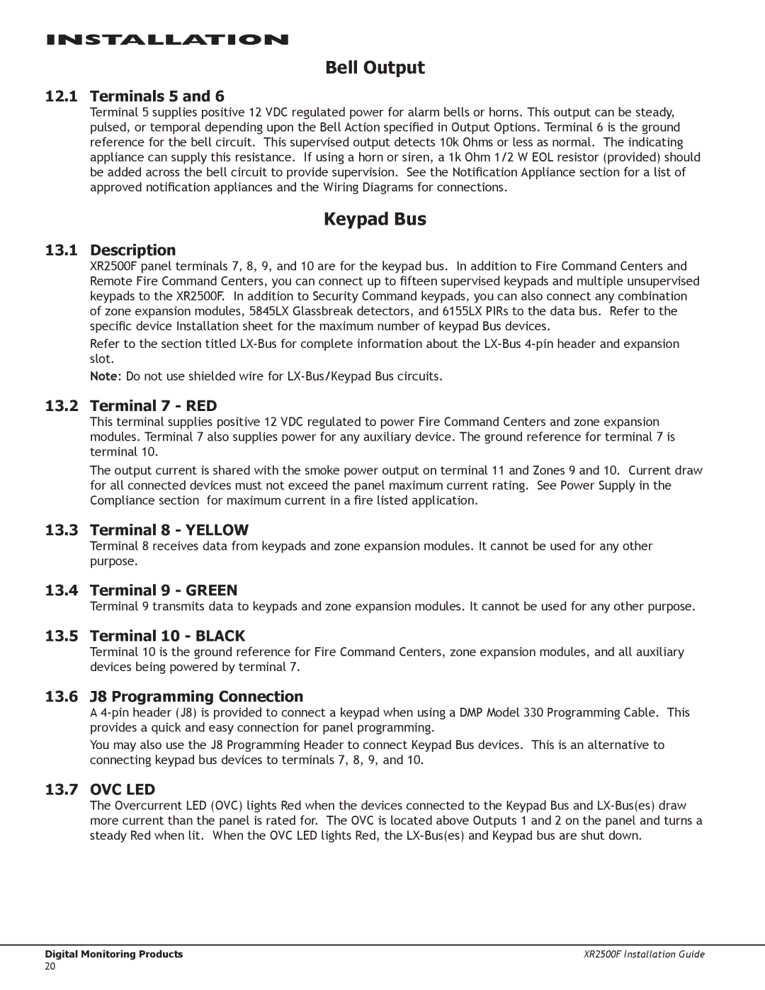 DMP Electronics XR2500F manual Bell Output, Keypad Bus 