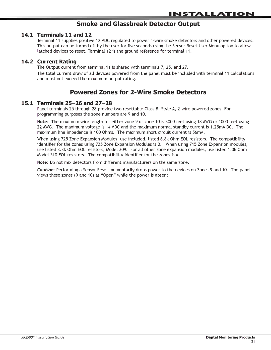 DMP Electronics XR2500F manual Smoke and Glassbreak Detector Output, Powered Zones for 2-Wire Smoke Detectors, Terminals 11 