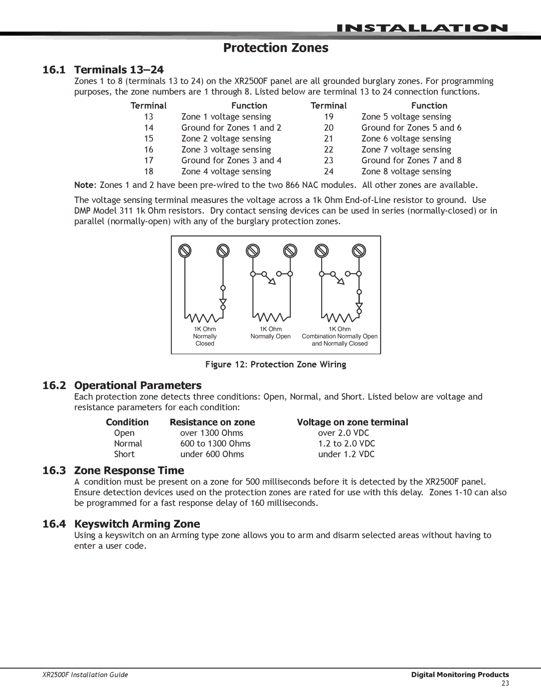 DMP Electronics XR2500F Protection Zones, Terminals, Operational Parameters, Zone Response Time, Keyswitch Arming Zone 