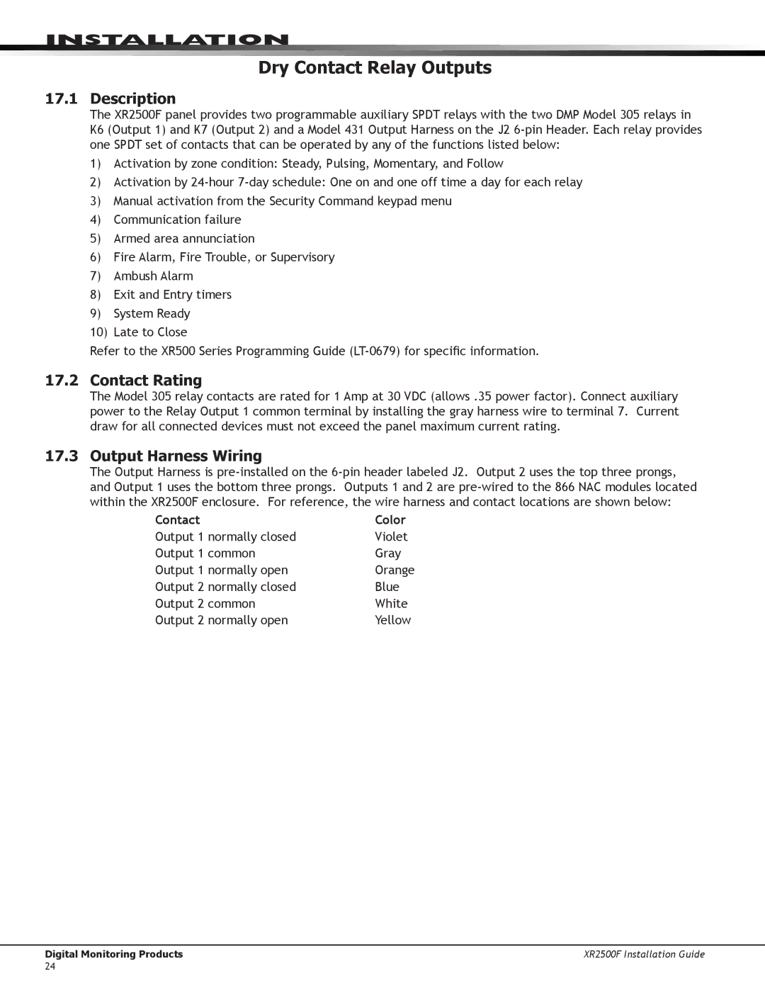 DMP Electronics XR2500F manual Dry Contact Relay Outputs, Contact Rating, Output Harness Wiring 