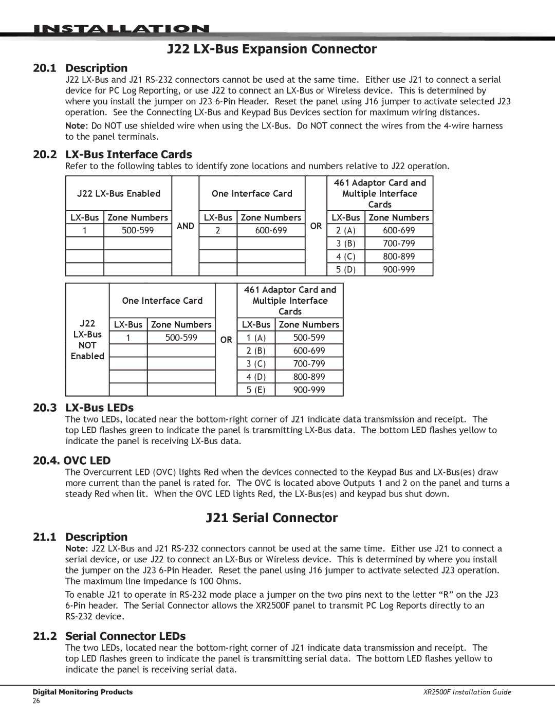 DMP Electronics XR2500F manual J22 LX-Bus Expansion Connector, J21 Serial Connector, LX-Bus Interface Cards, LX-Bus LEDs 