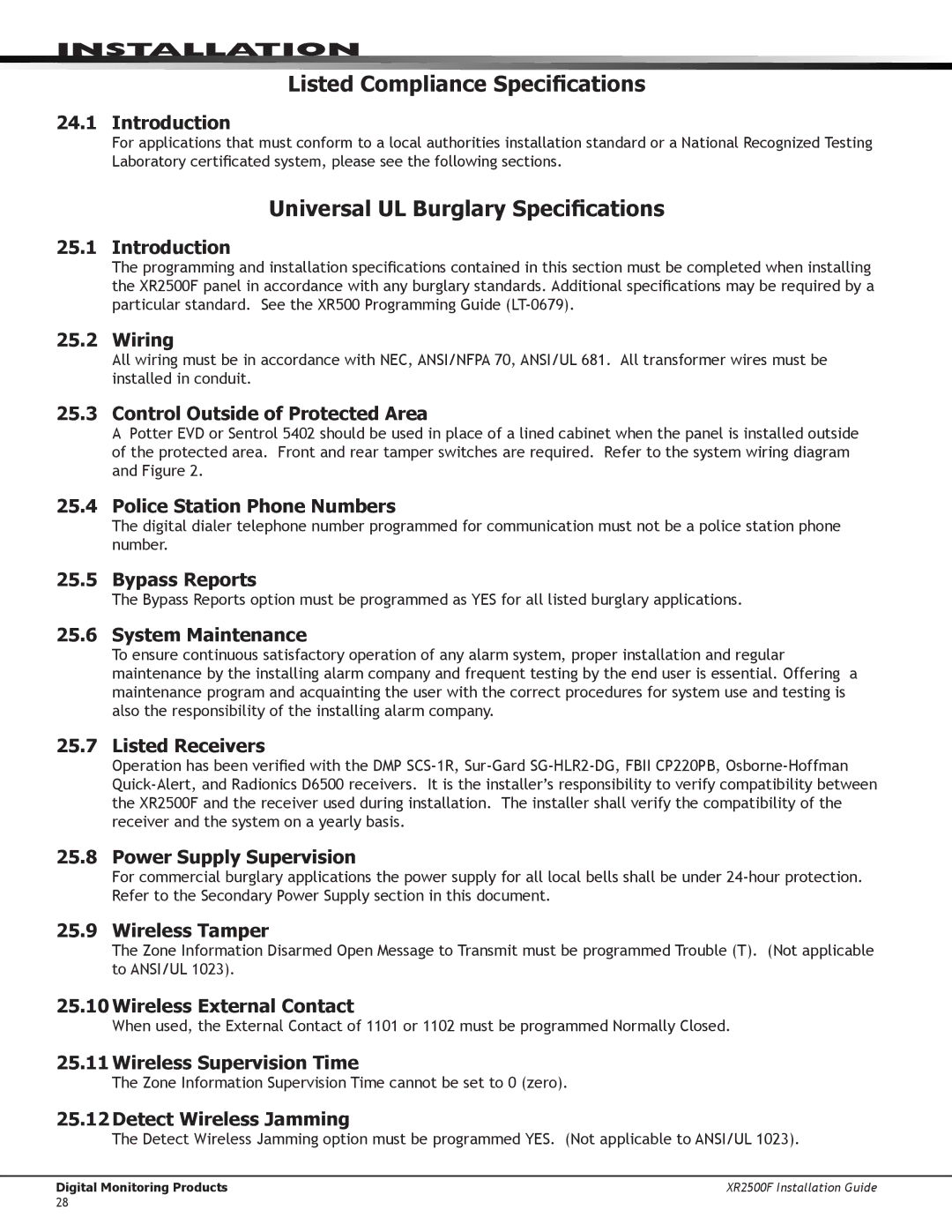 DMP Electronics XR2500F manual Listed Compliance Specifications, Universal UL Burglary Specifications 