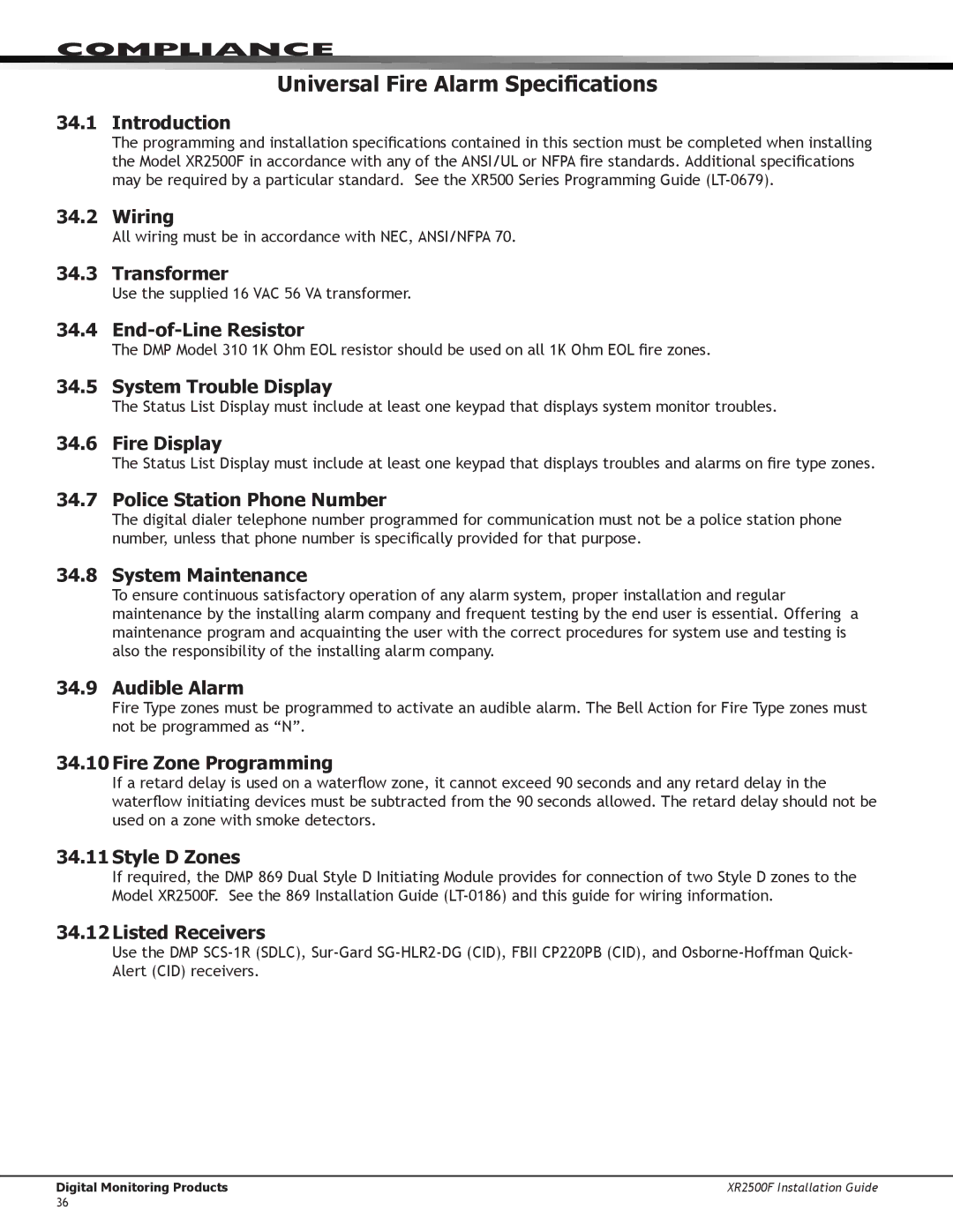 DMP Electronics XR2500F manual Universal Fire Alarm Specifications 