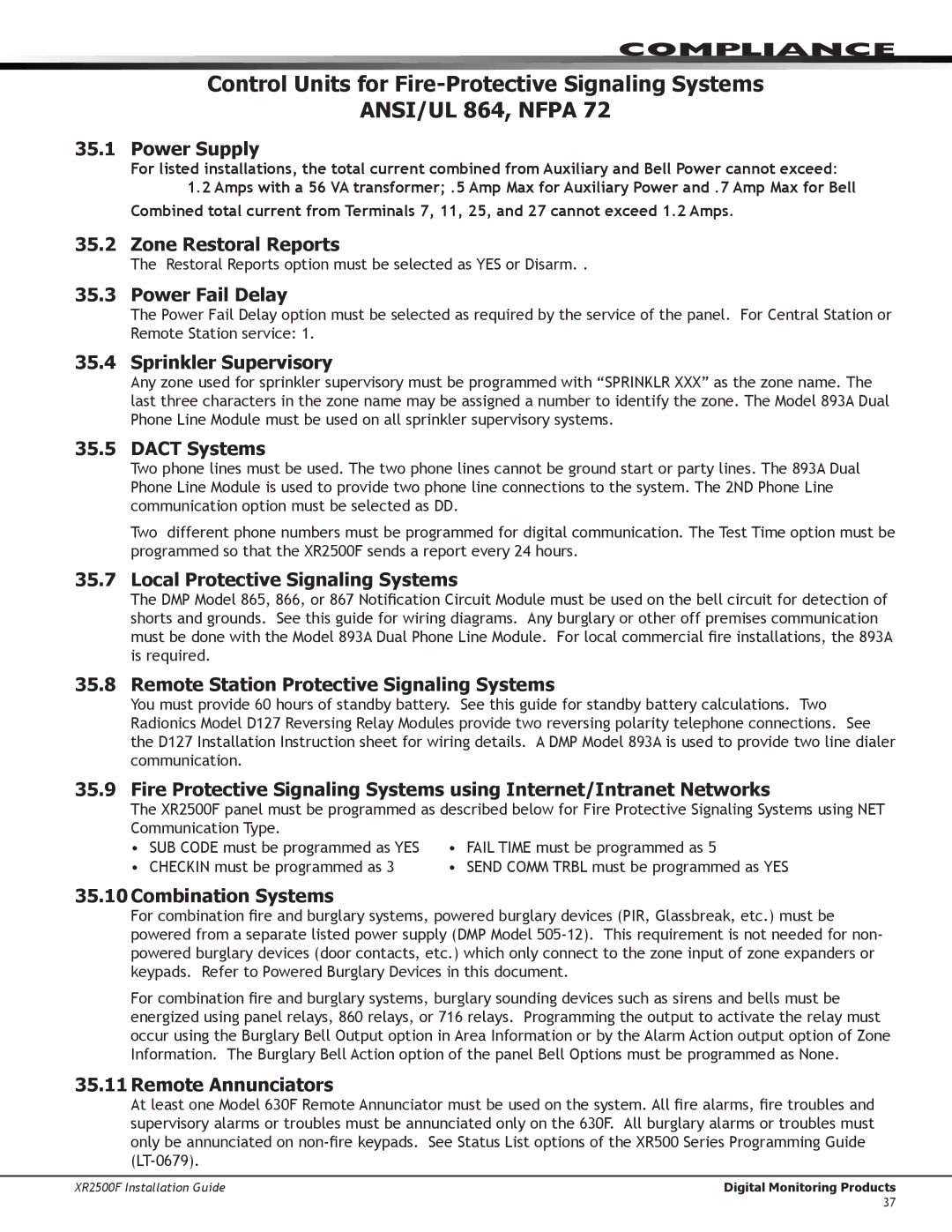 DMP Electronics XR2500F manual Power Supply, Zone Restoral Reports, Power Fail Delay, Sprinkler Supervisory, Dact Systems 