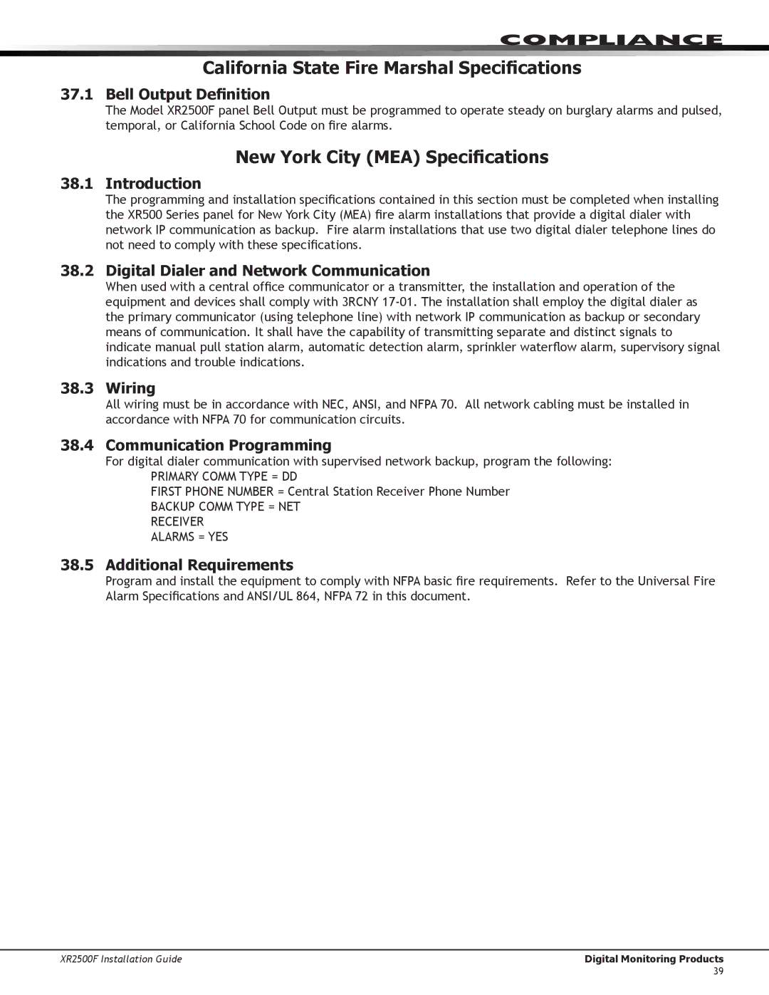 DMP Electronics XR2500F manual California State Fire Marshal Specifications, New York City MEA Specifications 