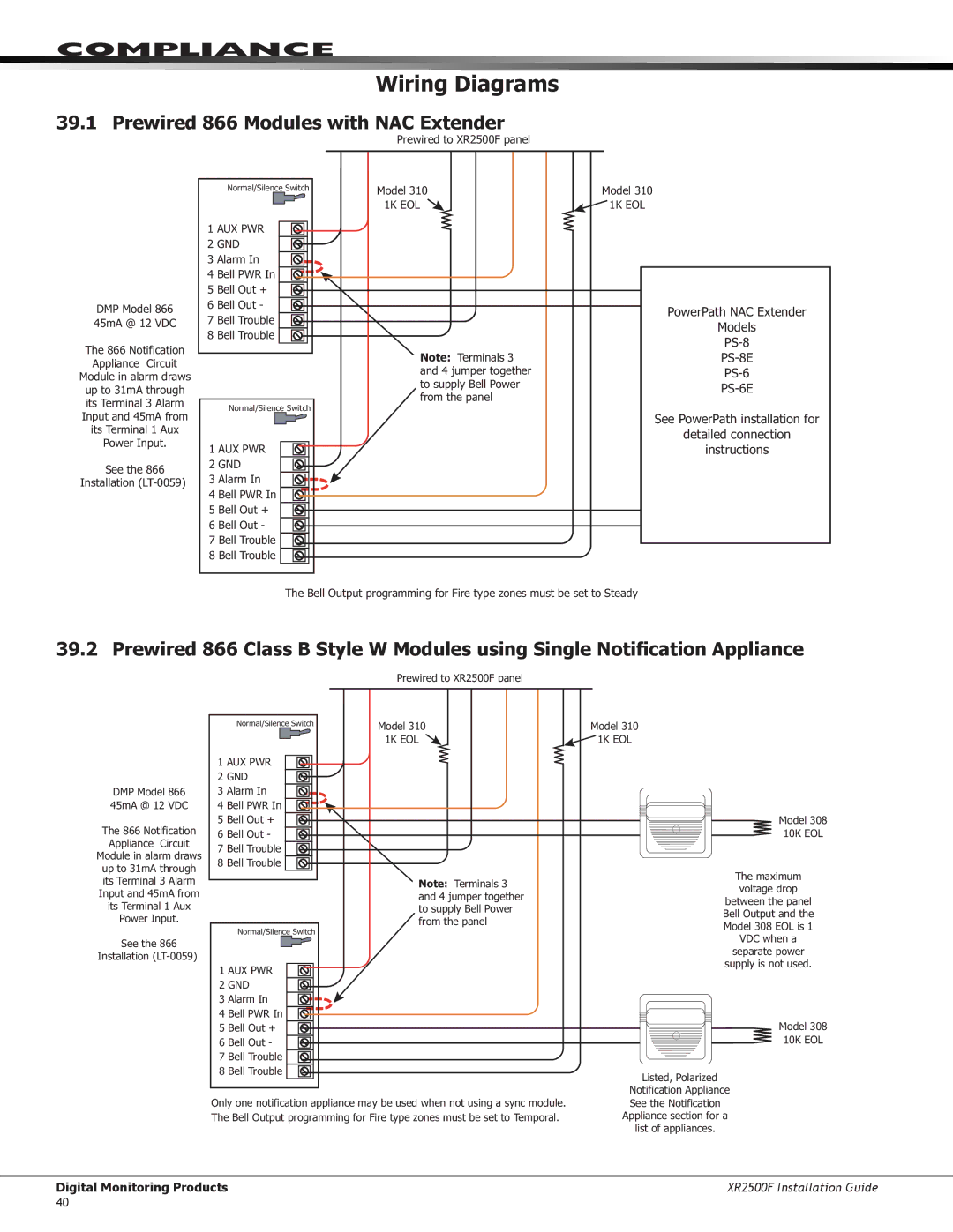 DMP Electronics XR2500F manual Wiring Diagrams, Prewired 866 Modules with NAC Extender 