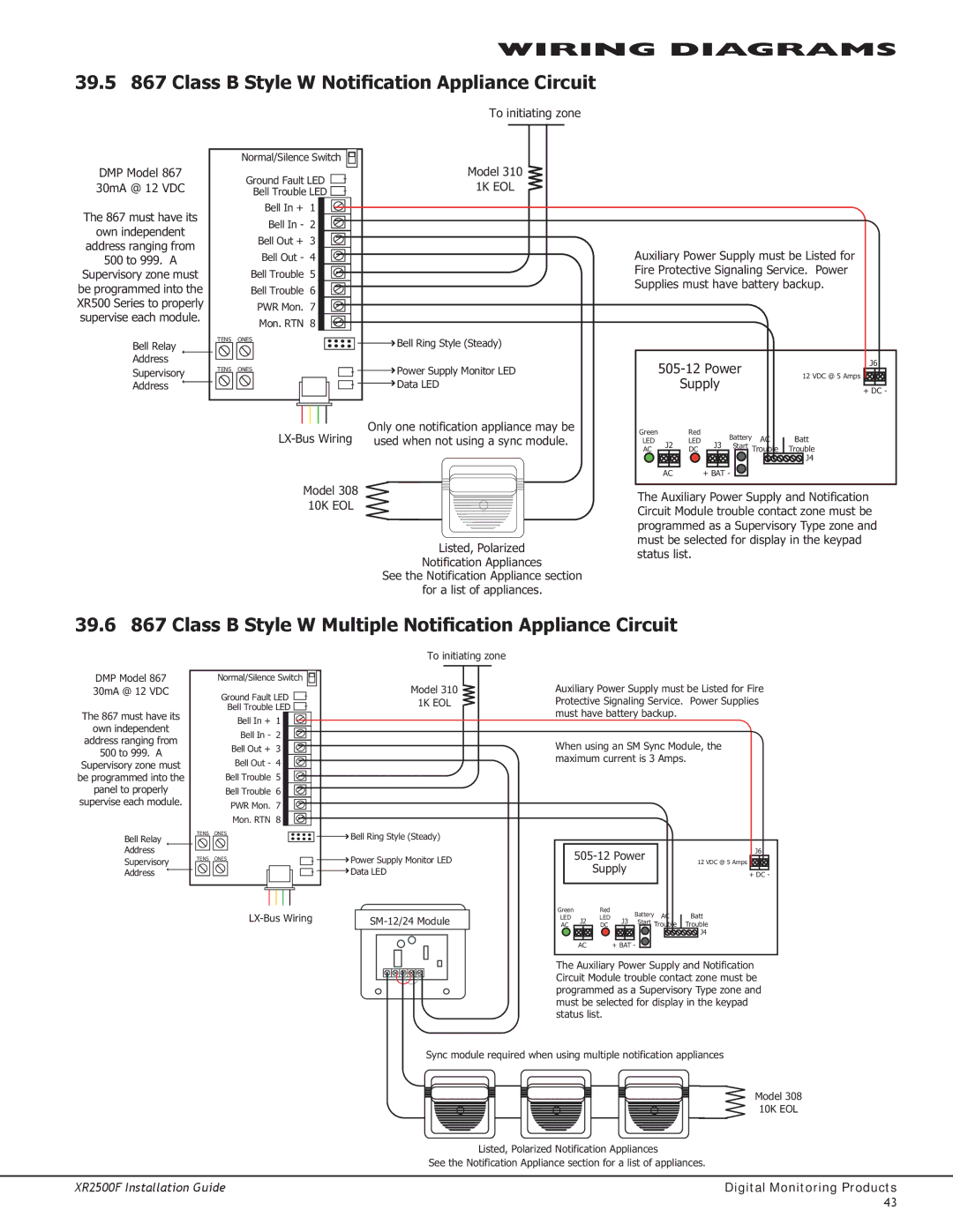 DMP Electronics XR2500F manual 39.5 867 Class B Style W Notification Appliance Circuit, To initiating zone 