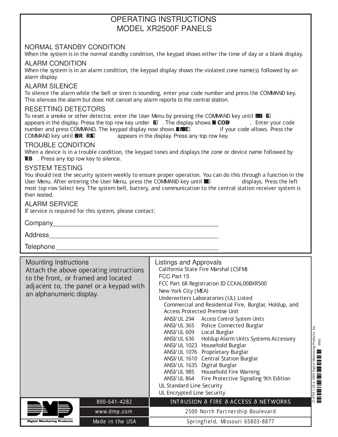 DMP Electronics manual Operating Instructions Model XR2500F Panels, Mounting Instructions Listings and Approvals 