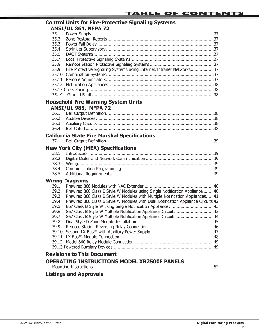 DMP Electronics XR2500F manual Household Fire Warning System Units ANSI/UL 985, Nfpa, New York City MEA Specifications 