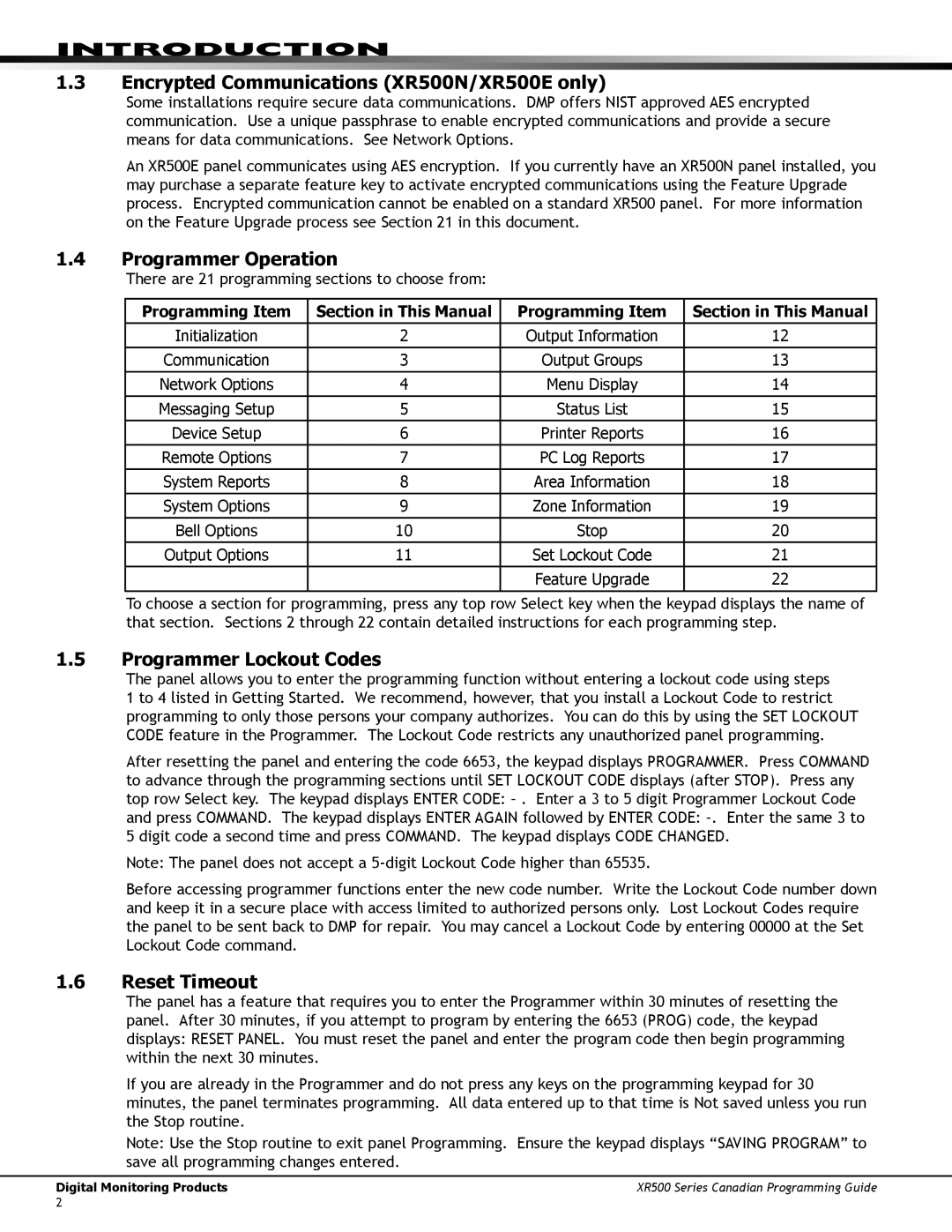 DMP Electronics manual Encrypted Communications XR500N/XR500E only, Programmer Operation, Programmer Lockout Codes 