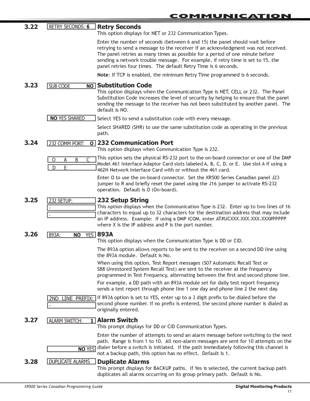 DMP Electronics XR500 manual Retry Seconds, Substitution Code, Communication Port, Setup String, 893A, Alarm Switch 