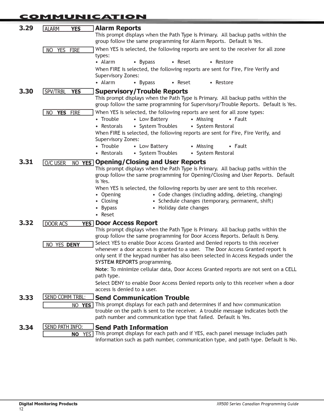 DMP Electronics XR500 Alarm Reports, Supervisory/Trouble Reports, Opening/Closing and User Reports, Door Access Report 