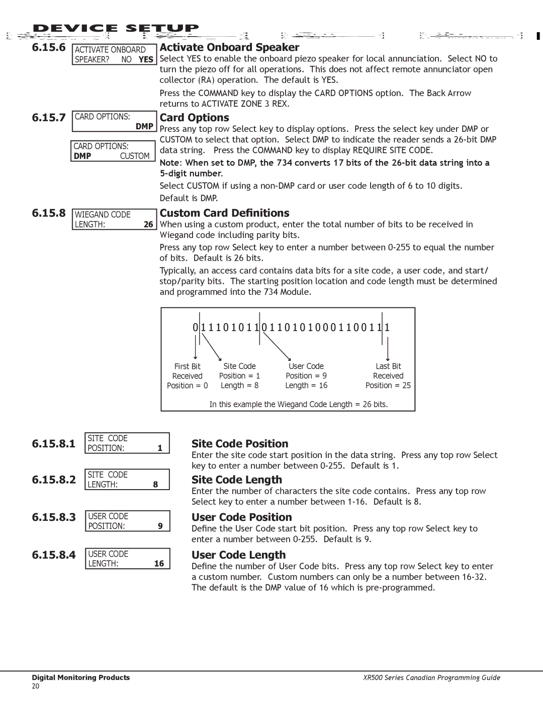 DMP Electronics XR500 15.6 15.7 15.8, Activate Onboard Speaker, Card Options, Custom Card Definitions, 15.8.1, 15.8.2 