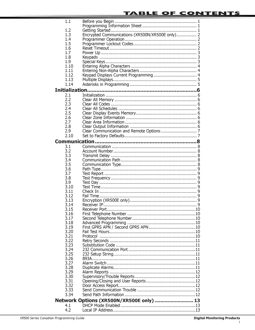 DMP Electronics XR500 manual Table Of Contents 