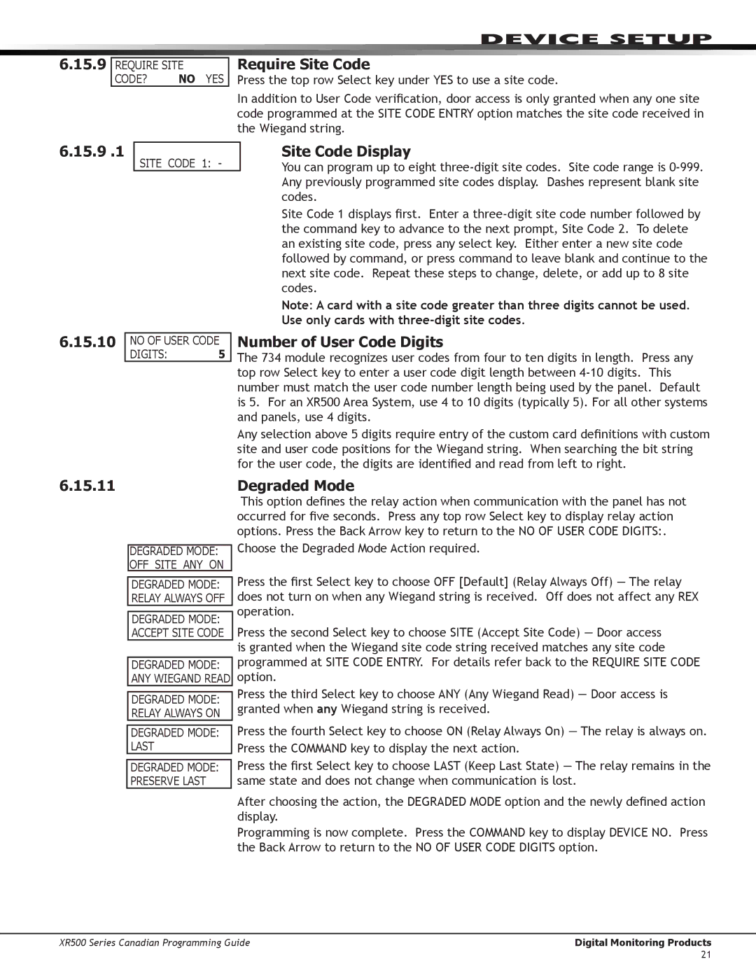 DMP Electronics XR500 manual Require Site Code, 15.9 15.10, Site Code Display, Number of User Code Digits, 15.11 