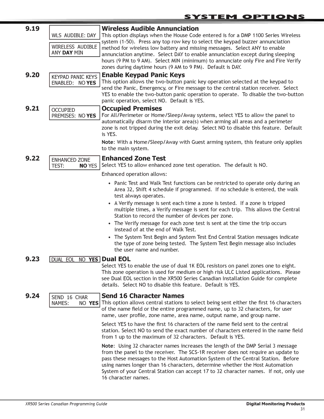 DMP Electronics XR500 manual Wireless Audible Annunciation, Enable Keypad Panic Keys, Occupied Premises, Enhanced Zone Test 