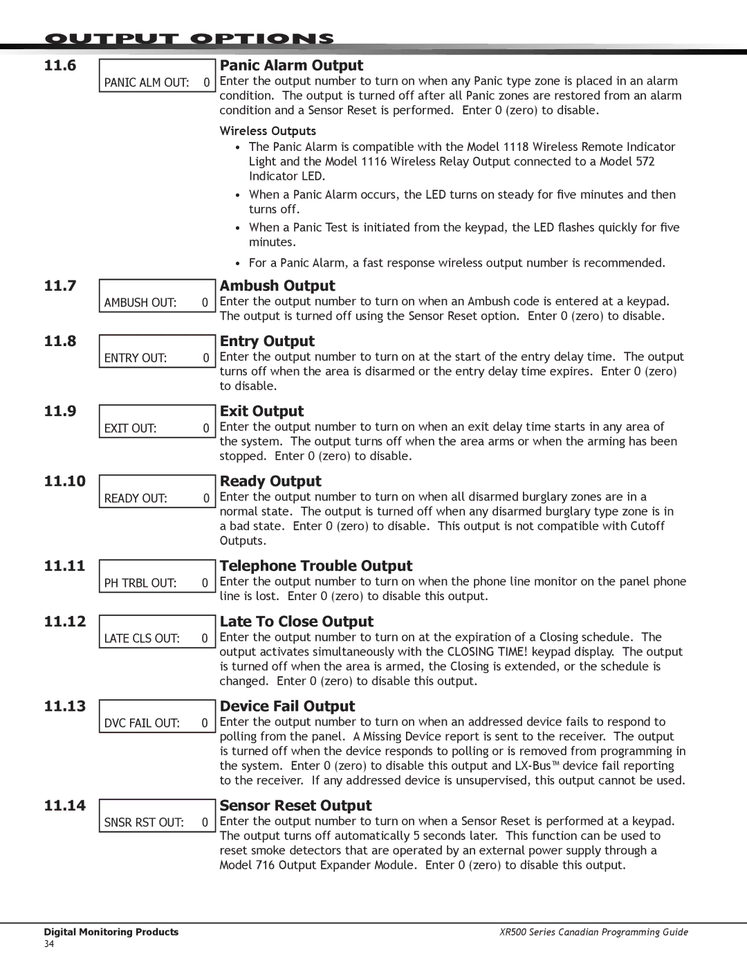 DMP Electronics XR500 11.6, Panic Alarm Output, 11.7 11.8, Ambush Output, Entry Output, 11.9, Exit Output, Ready Output 