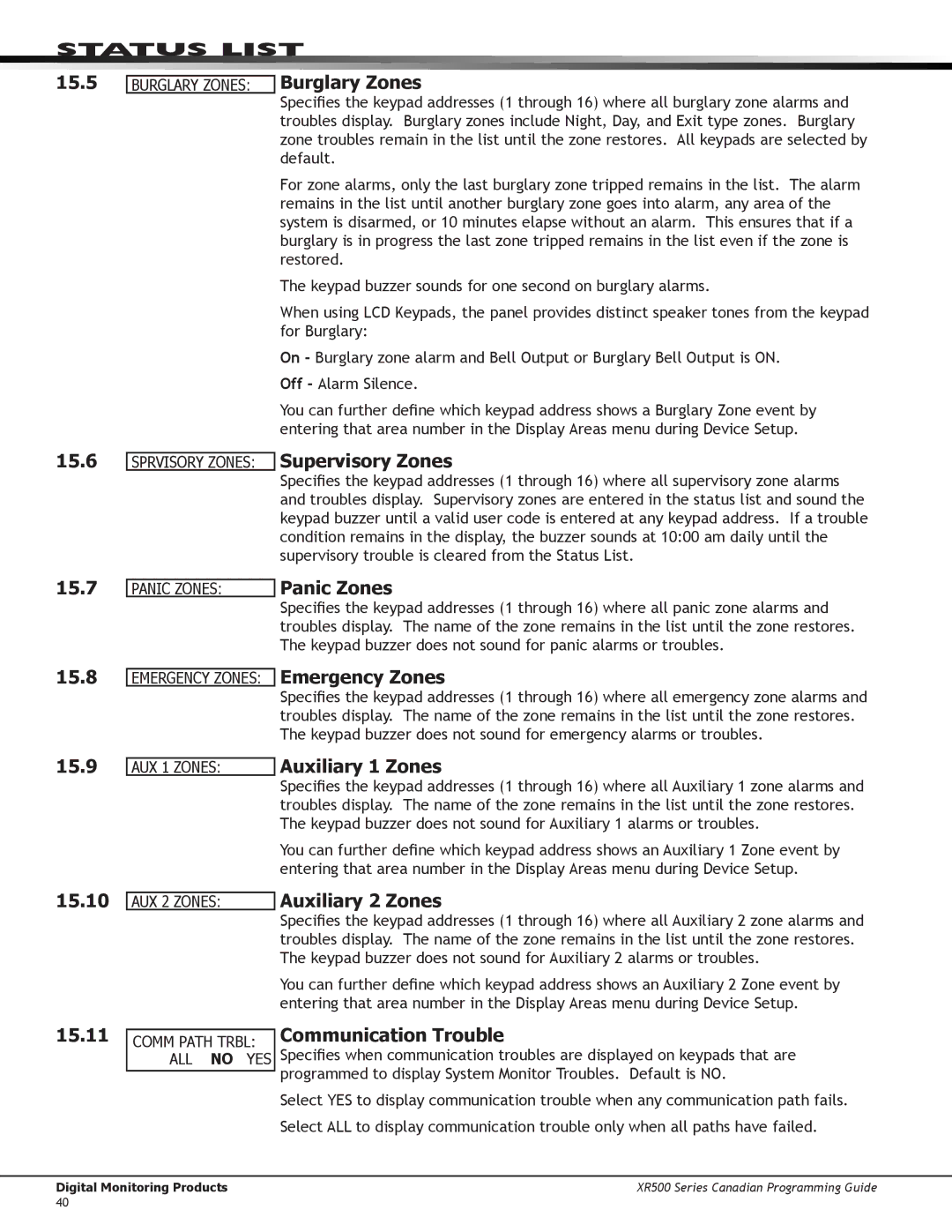 DMP Electronics XR500 manual 15.5 15.6, Burglary Zones, Supervisory Zones, Panic Zones, Emergency Zones, 15.9 15.10 15.11 