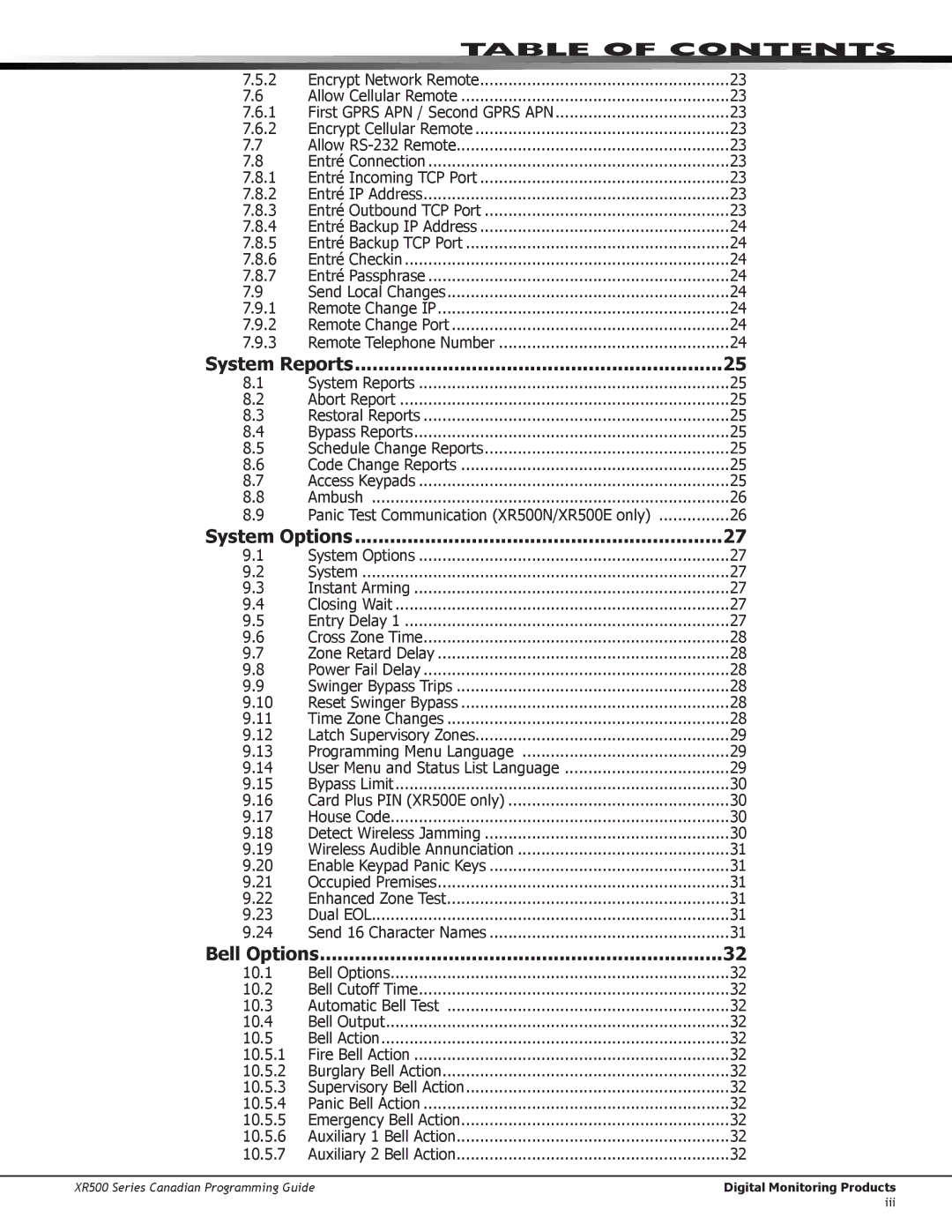 DMP Electronics XR500 manual System Reports, Bell Options 