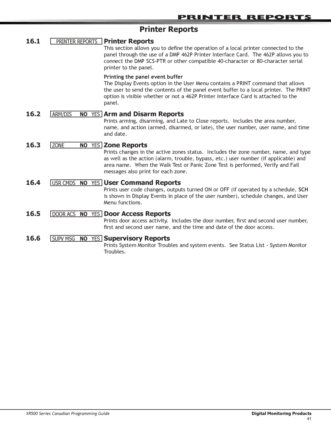 DMP Electronics XR500 manual Printer Reports 