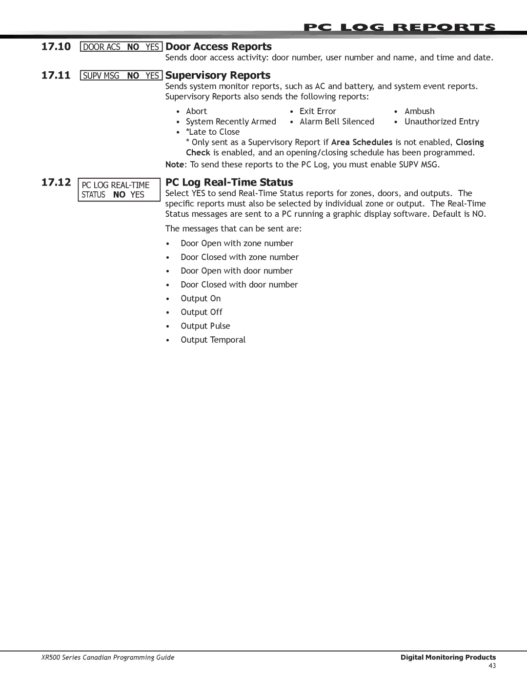 DMP Electronics XR500 manual 17.10, Door Acs no YES Door Access Reports, 17.11 17.12, PC Log Real-Time Status 