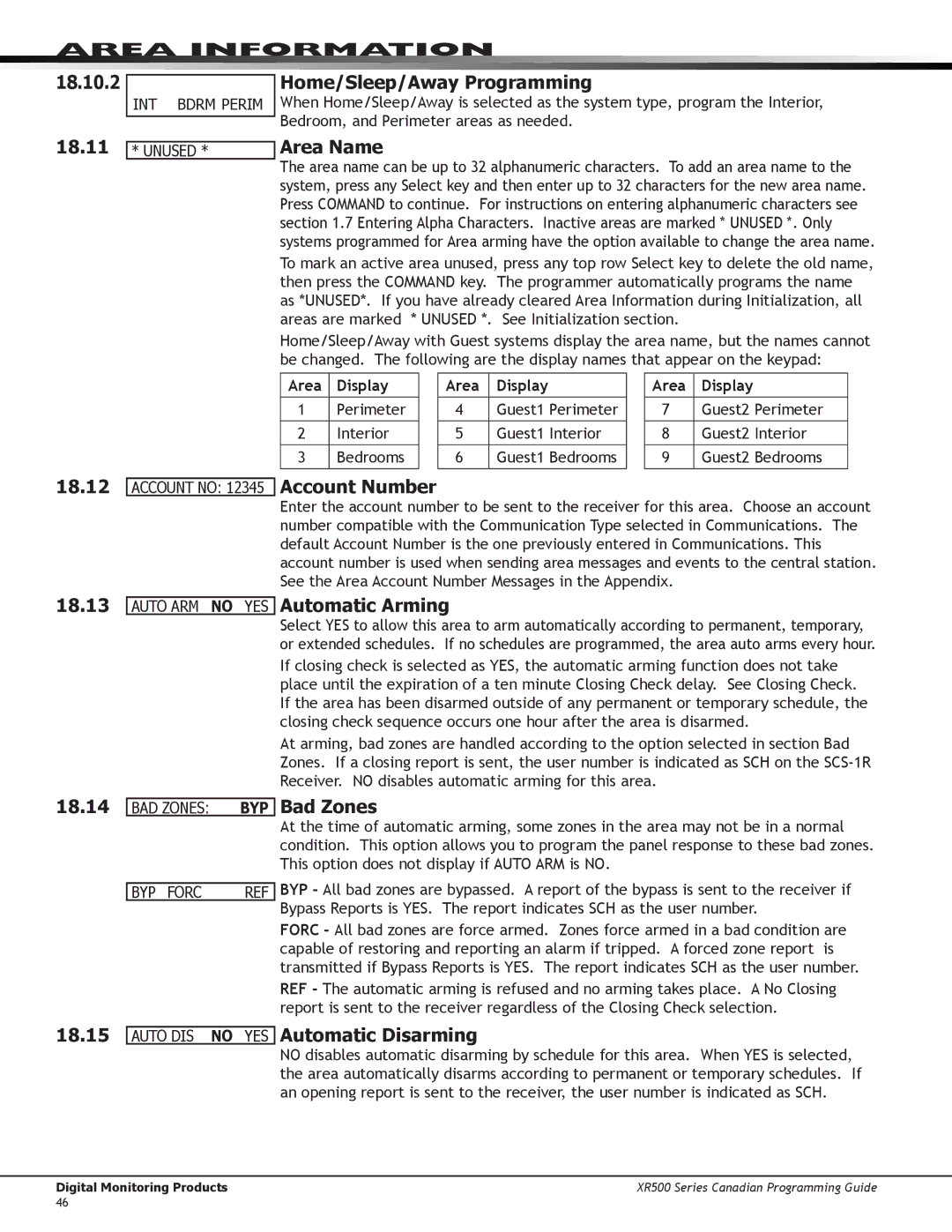 DMP Electronics XR500 18.10.2, Home/Sleep/Away Programming, Area Name, Automatic Arming, Bad Zones, Automatic Disarming 