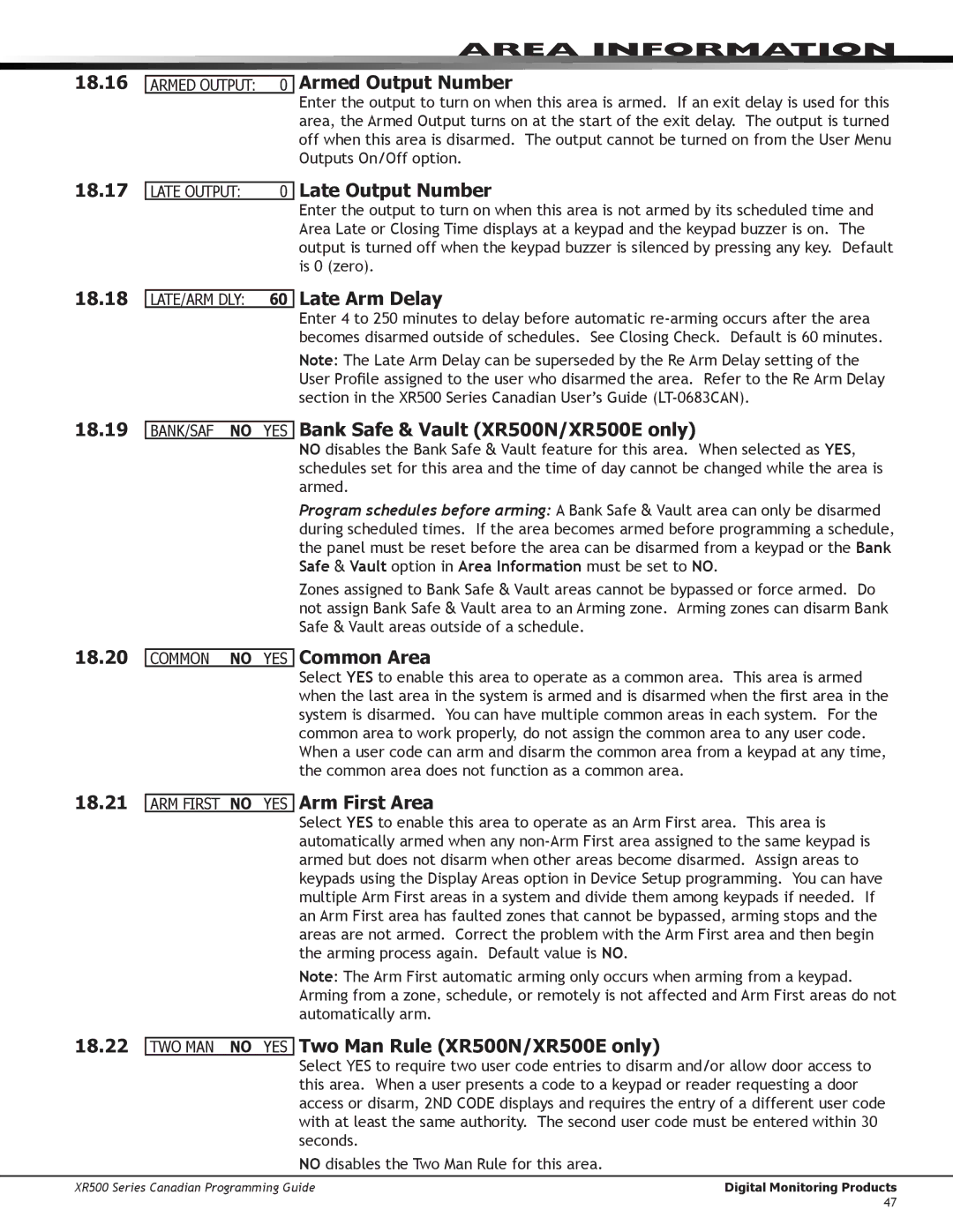 DMP Electronics manual Armed Output Number, Late Output Number, Late Arm Delay, Bank Safe & Vault XR500N/XR500E only 