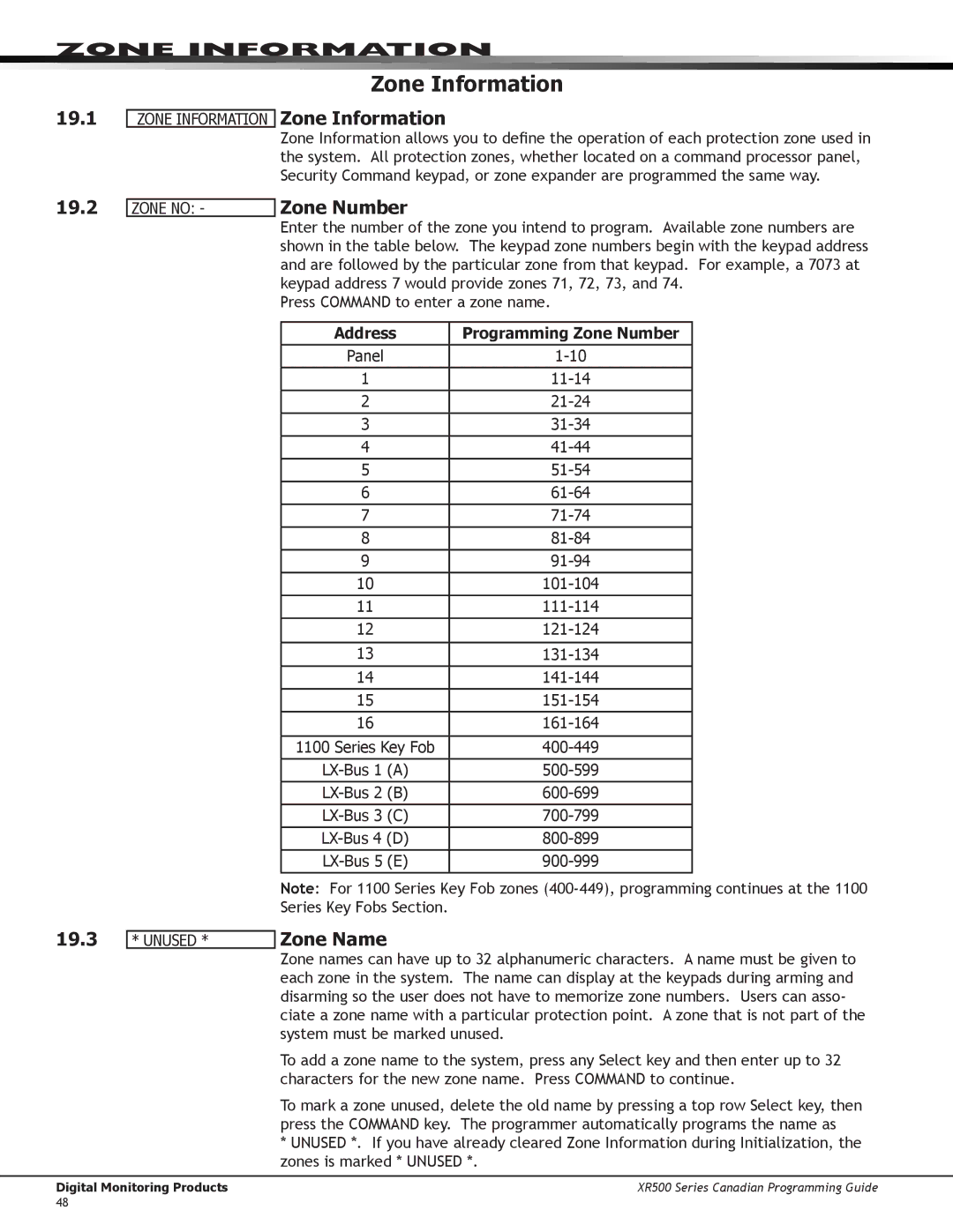 DMP Electronics XR500 manual Zone Information, 19.1, Zone Name, Programming Zone Number 