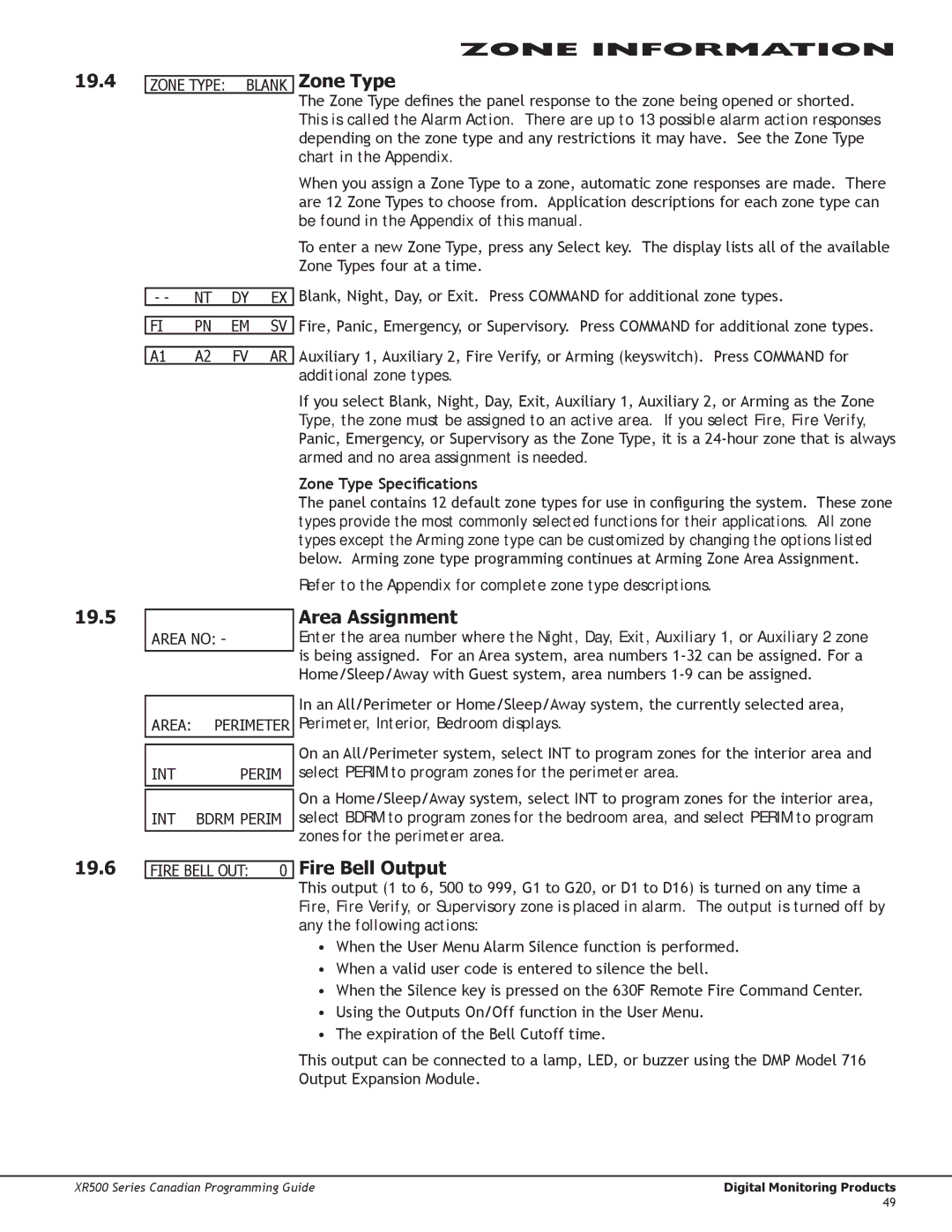 DMP Electronics XR500 manual 19.5, Area Assignment, 19.6, Fire Bell Output, Zone Type Specifications 