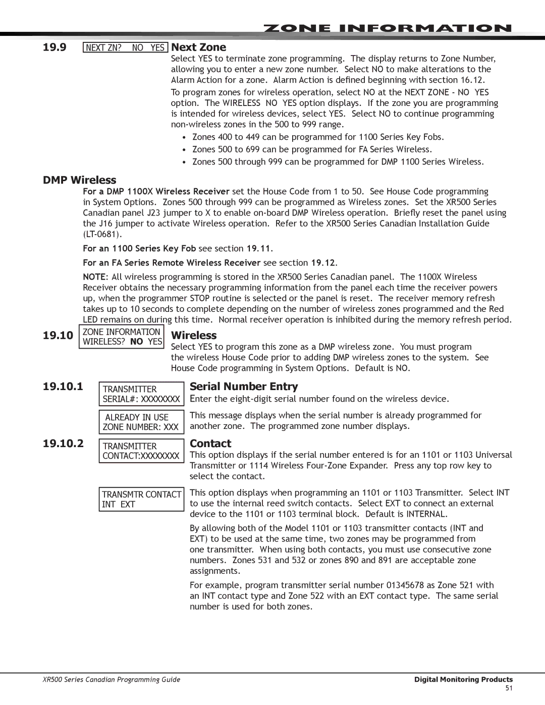 DMP Electronics XR500 manual 19.9, Next Zone, DMP Wireless, 19.10.1 19.10.2, Serial Number Entry, Contact 