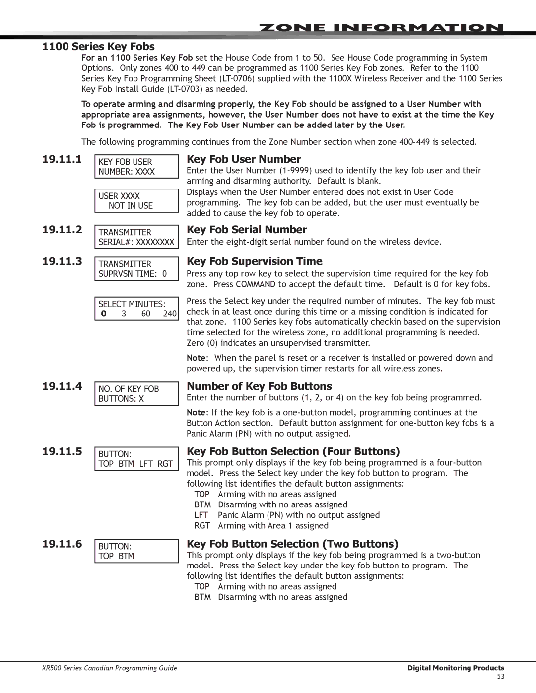 DMP Electronics XR500 manual Series Key Fobs, 19.11.1 19.11.2 19.11.3, Key Fob User Number, Key Fob Serial Number 