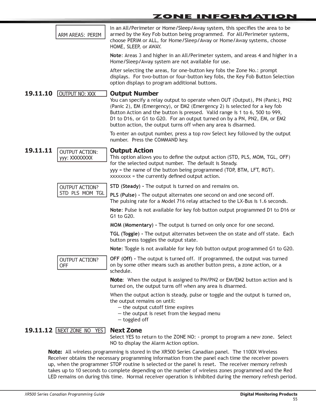 DMP Electronics XR500 manual 19.11.10 19.11.11 19.11.12, Output Action 