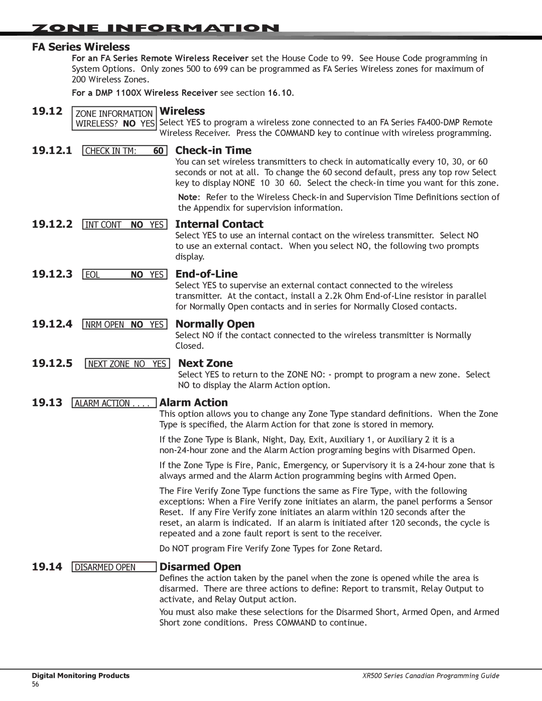 DMP Electronics XR500 FA Series Wireless 19.12, 19.12.1 19.12.2 19.12.3, Check-in Time, Internal Contact, End-of-Line 