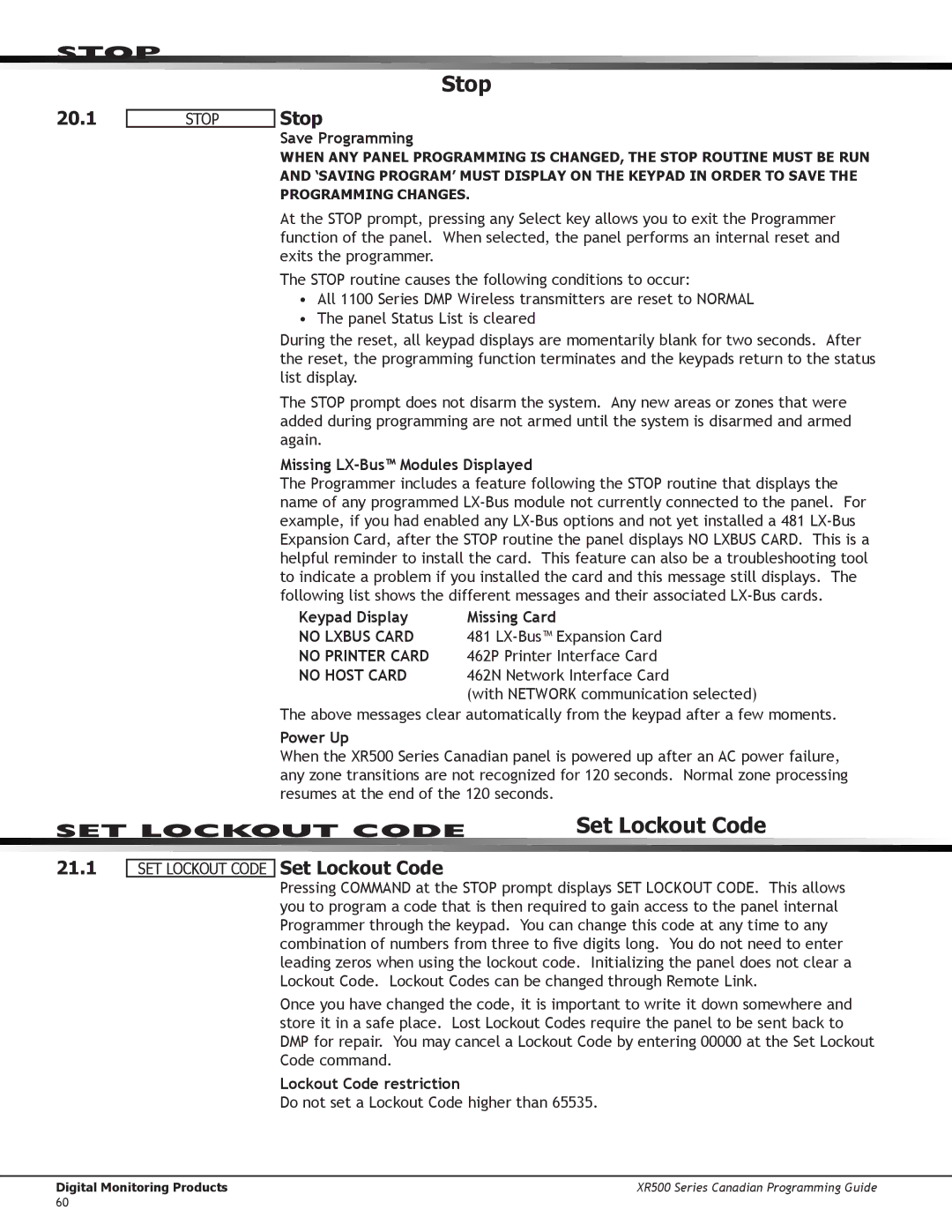 DMP Electronics XR500 manual Stop, Set Lockout Code, 21.1 