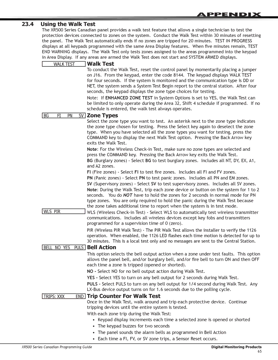 DMP Electronics XR500 manual Using the Walk Test, Zone Types, Trip Counter For Walk Test 