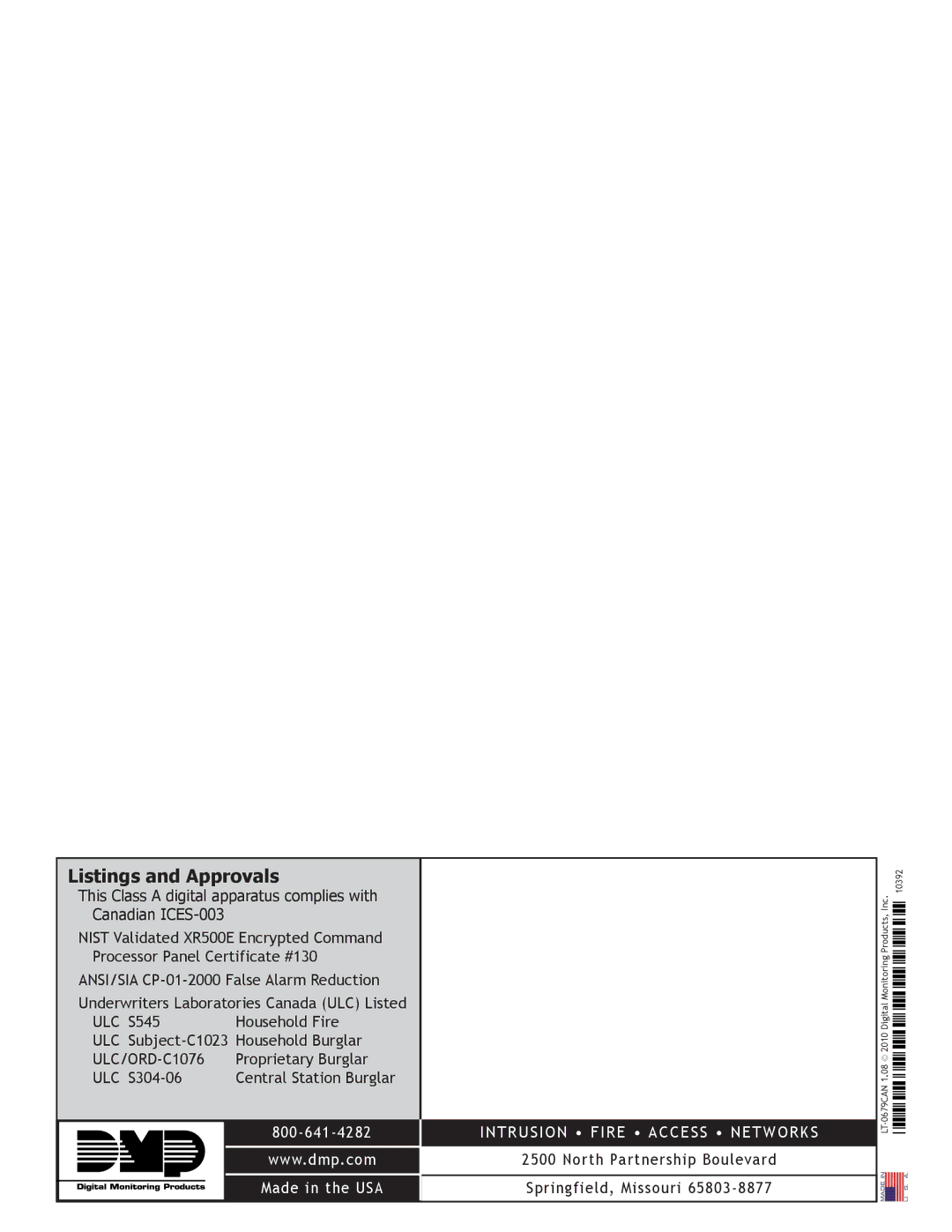 DMP Electronics XR500 manual Listings and Approvals, Intrusion Fire Access Networks 