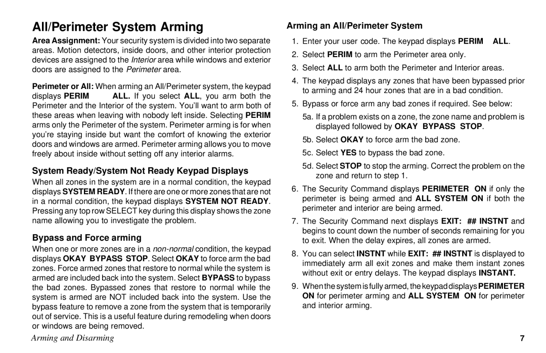 DMP Electronics XR10 All/Perimeter System Arming, System Ready/System Not Ready Keypad Displays, Bypass and Force arming 