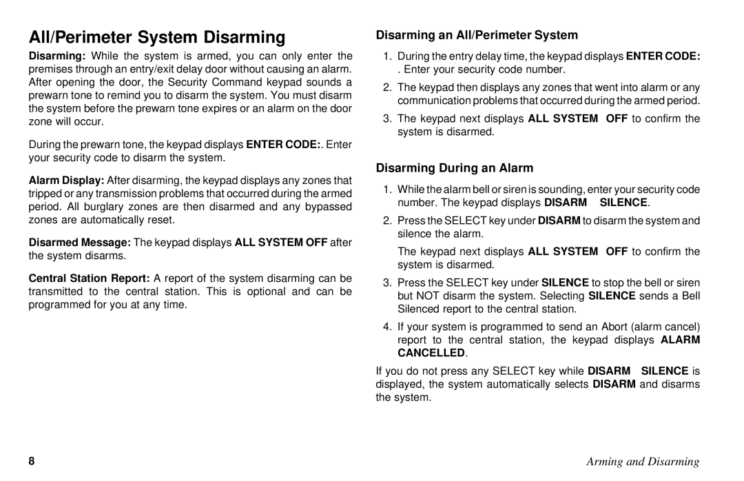 DMP Electronics XR6, XR10 All/Perimeter System Disarming, Disarming an All/Perimeter System, Disarming During an Alarm 