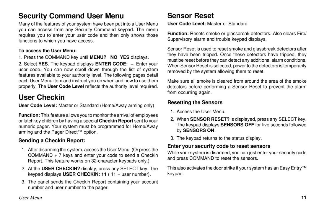 DMP Electronics XR10, XR6 manual Security Command User Menu, User Checkin, Sensor Reset 