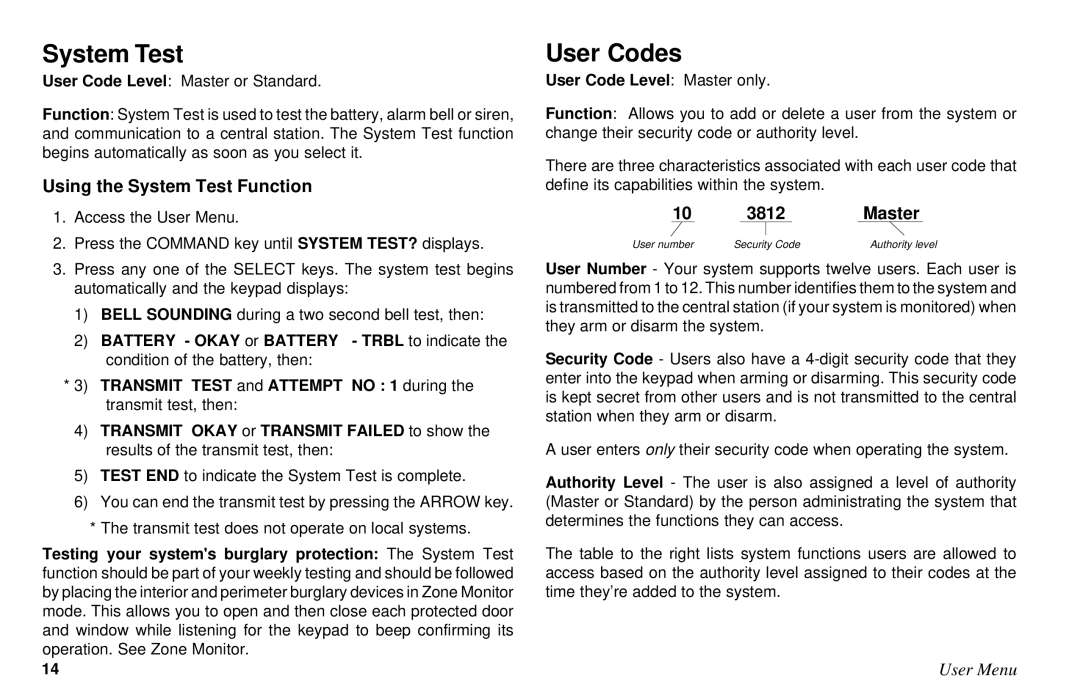 DMP Electronics XR6, XR10 manual User Codes, Using the System Test Function, 10 3812Master, User Code Level Master only 