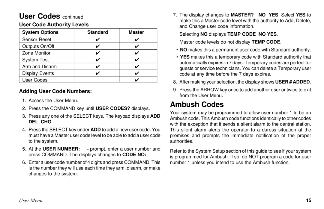 DMP Electronics XR10 Ambush Codes, User Code Authority Levels, Adding User Code Numbers, System Options Standard Master 