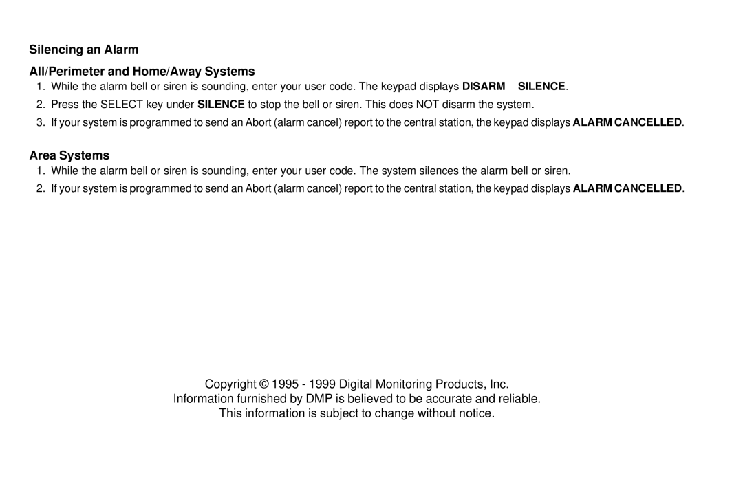 DMP Electronics XR6, XR10 manual Silencing an Alarm All/Perimeter and Home/Away Systems, Area Systems 